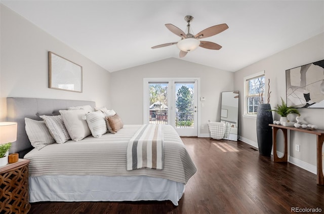 1653 S Logan St, Denver, CO 80210 - bedroom featuring vaulted ceiling, wood finished floors, access to outside, and a ceiling fan