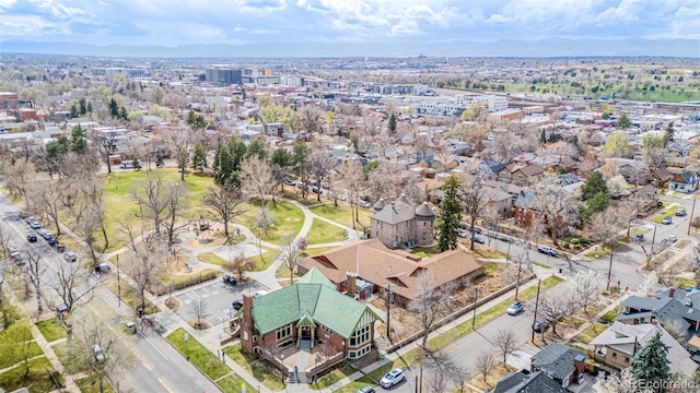 1653 S Logan St, Denver, CO 80210 - aerial overview of property's location with a mountainous background