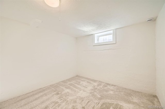 basement with a textured ceiling and carpet flooring