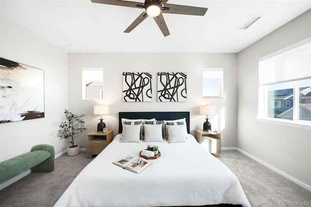 bedroom featuring ceiling fan and carpet floors