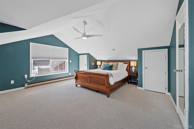 bedroom featuring lofted ceiling, carpet floors, a baseboard radiator, and baseboards