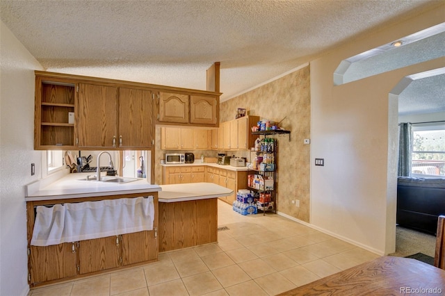 3126 Singletree Rd, Hartsel, CO 80449 - kitchen featuring a textured ceiling, arched walkways, open shelves, light countertops, and stainless steel microwave