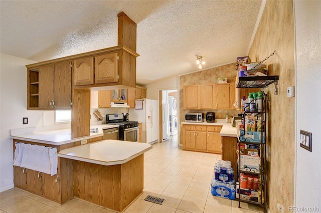 3126 Singletree Rd, Hartsel, CO 80449 - kitchen with appliances with stainless steel finishes, lofted ceiling, a peninsula, under cabinet range hood, and open shelves