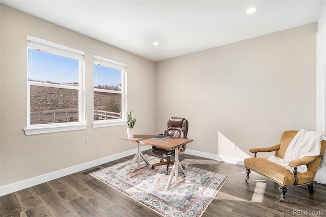 home office featuring visible vents, recessed lighting, wood finished floors, and baseboards