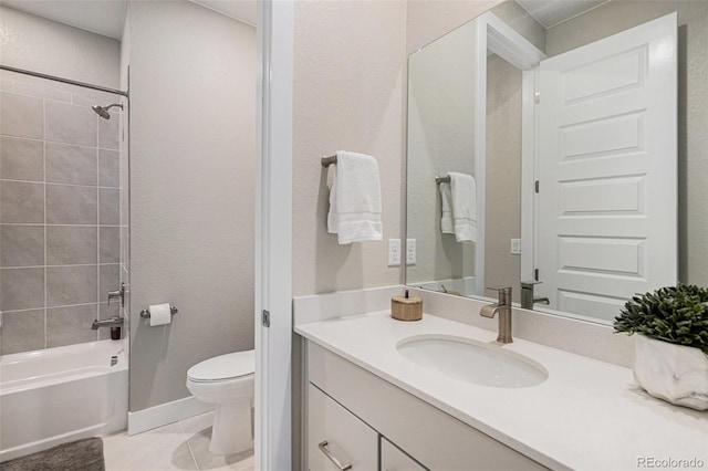 full bath featuring shower / bath combination, toilet, vanity, and tile patterned flooring