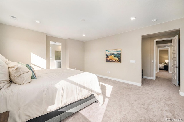 bedroom featuring recessed lighting, baseboards, light carpet, and visible vents