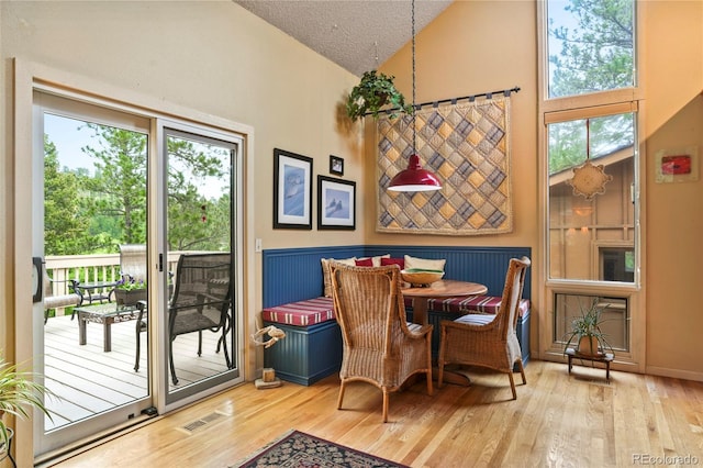207 Kelly Rd E, Boulder, CO 80302 - dining room featuring lofted ceiling, wood finished floors, plenty of natural light, and a textured ceiling