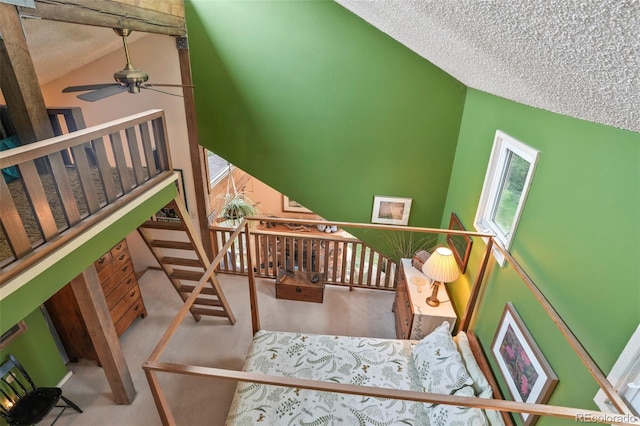 207 Kelly Rd E, Boulder, CO 80302 - stairs with vaulted ceiling, a textured ceiling, ceiling fan, and carpet flooring