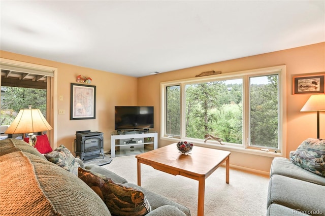 207 Kelly Rd E, Boulder, CO 80302 - living room with a wood stove and carpet floors
