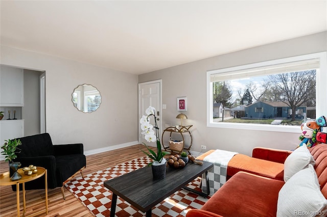 living area featuring baseboards and wood finished floors