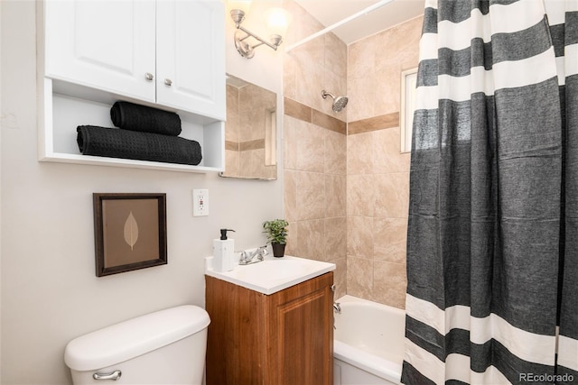 full bath featuring vanity, toilet, and shower / bath combination with curtain