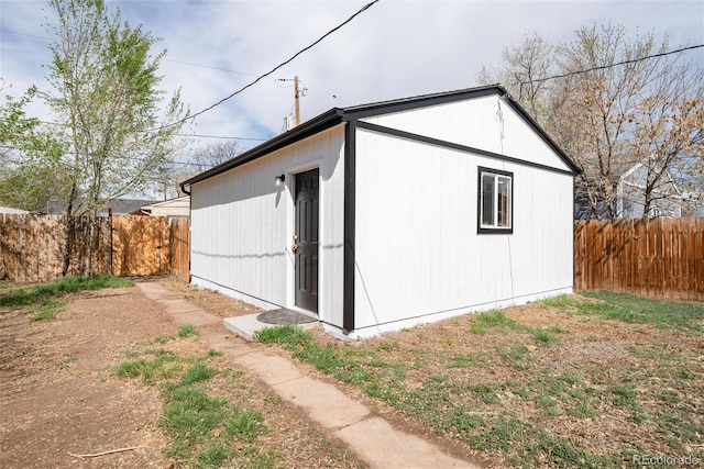 view of outbuilding with a fenced backyard