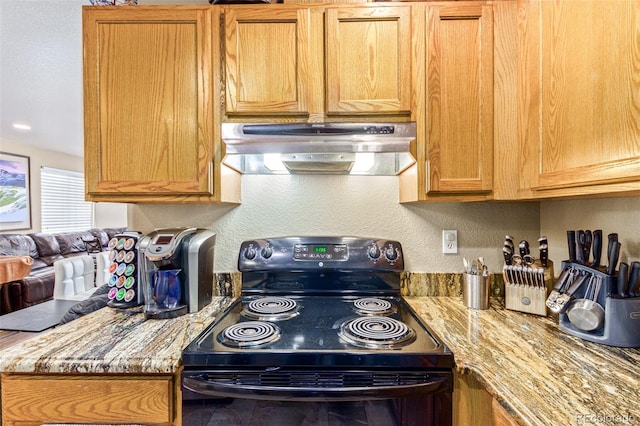 kitchen with black / electric stove and light stone countertops