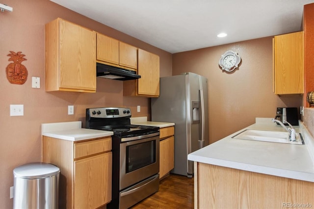 kitchen with appliances with stainless steel finishes, dark wood-type flooring, light brown cabinetry, and sink