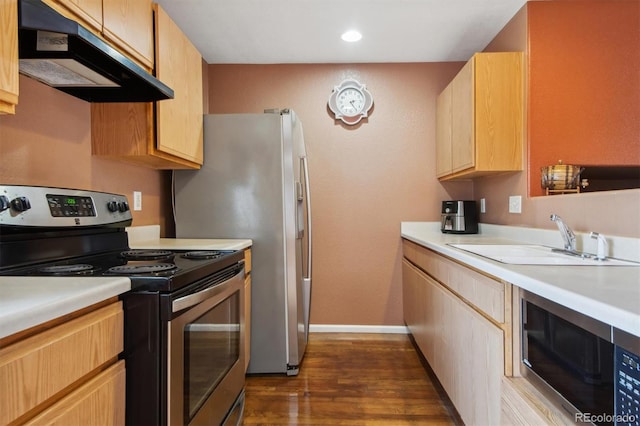 kitchen with sink, stainless steel appliances, dark hardwood / wood-style flooring, and light brown cabinets