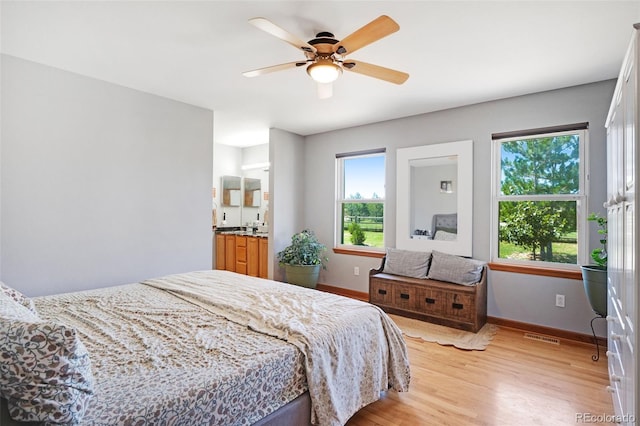 bedroom with ceiling fan and light hardwood / wood-style flooring