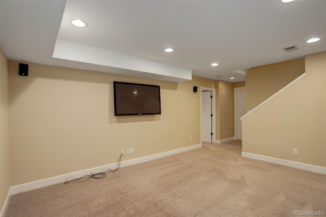 4784 Raven Run, Broomfield, CO 80023 - finished basement with light carpet, stairs, recessed lighting, baseboards, and visible vents