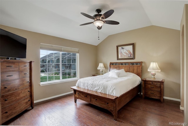 4784 Raven Run, Broomfield, CO 80023 - bedroom featuring baseboards, dark wood-style flooring, ceiling fan, and lofted ceiling