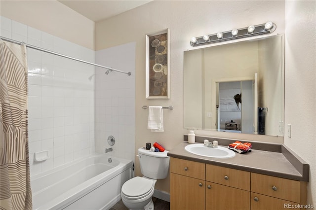 full bath featuring toilet, shower / bath combo with shower curtain, vanity, and a textured wall