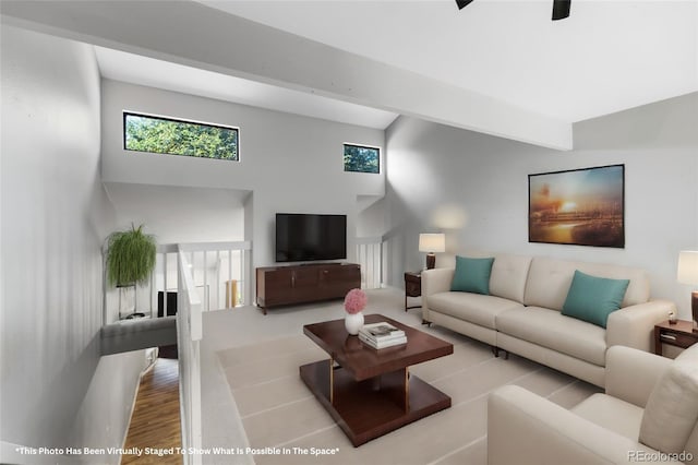 living room with a high ceiling and light hardwood / wood-style floors