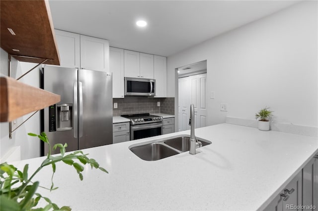 kitchen featuring backsplash, sink, white cabinetry, kitchen peninsula, and stainless steel appliances