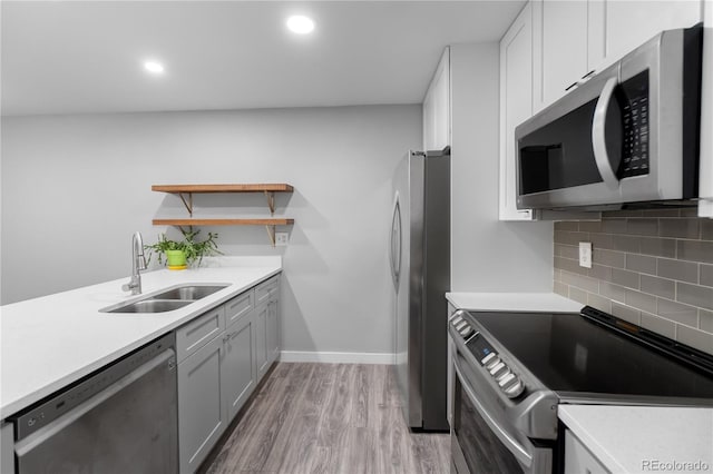 kitchen with sink, appliances with stainless steel finishes, tasteful backsplash, light hardwood / wood-style floors, and white cabinetry