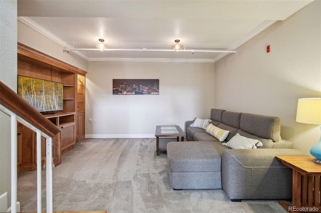 carpeted living room with crown molding