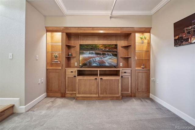 bar with ornamental molding and light carpet