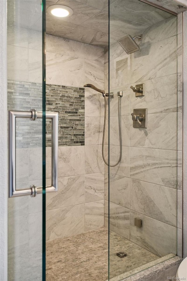 bathroom with a shower with shower door