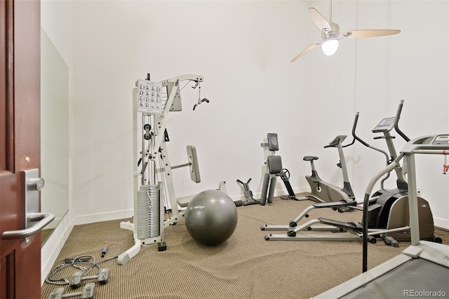 workout area featuring ceiling fan