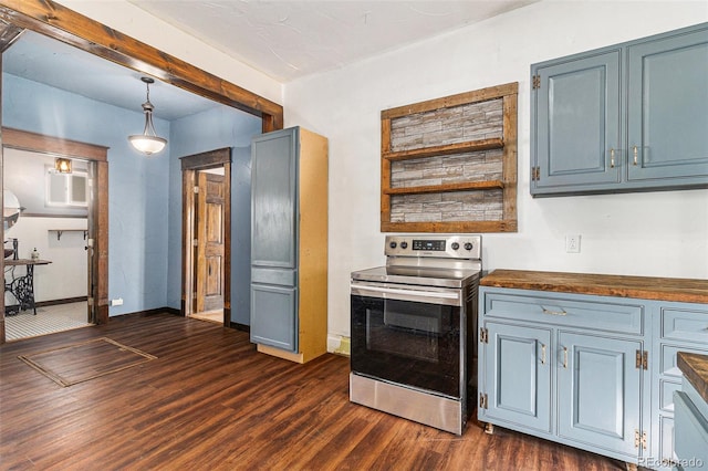 kitchen with stainless steel range with electric cooktop, wooden counters, baseboards, dark wood-type flooring, and blue cabinets