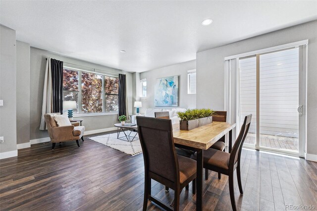 dining space with dark wood-type flooring