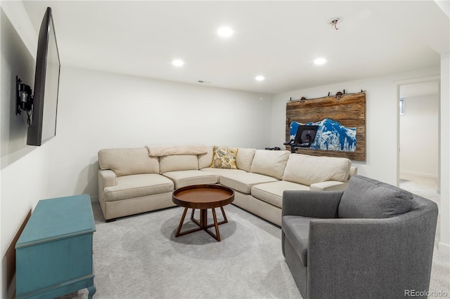 living room with light colored carpet