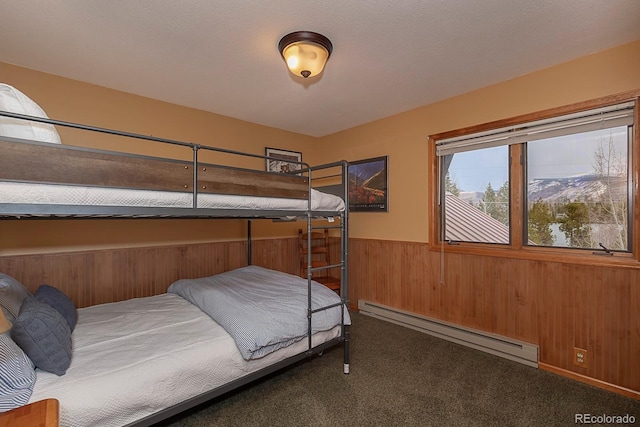 826 County Road 494, Grand Lake, CO 80447 - carpeted bedroom with baseboard heating, wooden walls, and a wainscoted wall