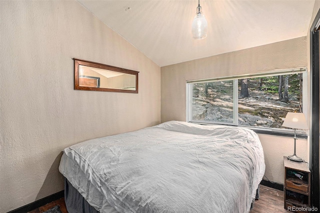200 Crest Dr, Idaho Springs, CO 80452 - bedroom featuring wood finished floors, vaulted ceiling, and a textured wall