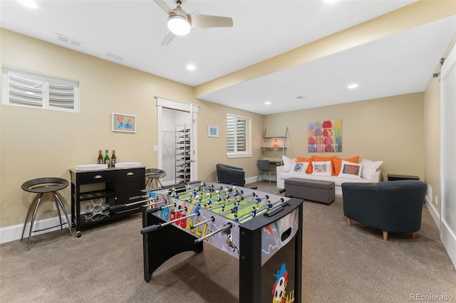 playroom with carpet floors, visible vents, baseboards, ceiling fan, and recessed lighting