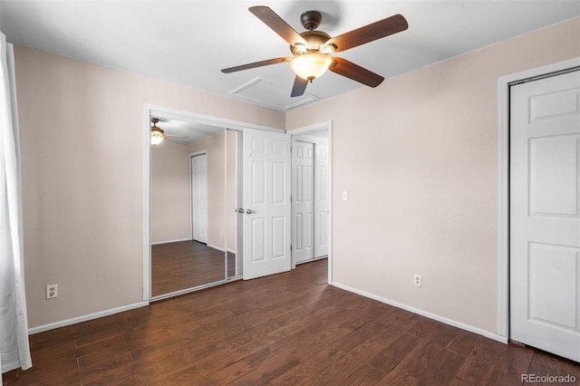 unfurnished bedroom with baseboards, a ceiling fan, and wood finished floors