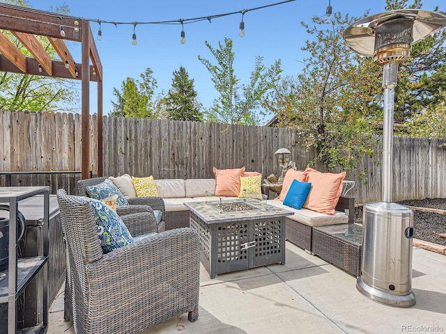 4747 S Elati St, Englewood, CO 80110 - fenced backyard featuring an outdoor living space with a fire pit, a patio, and a pergola
