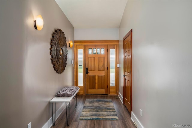 foyer featuring baseboards and dark wood-style flooring