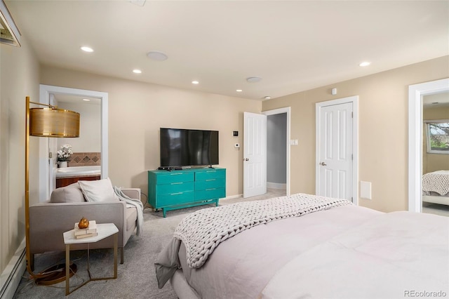 bedroom with baseboard heating, carpet floors, recessed lighting, ensuite bathroom, and baseboards