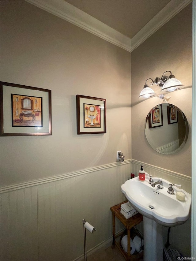 690 Antelope Dr, Bennett, CO 80102 - bathroom featuring a wainscoted wall and crown molding