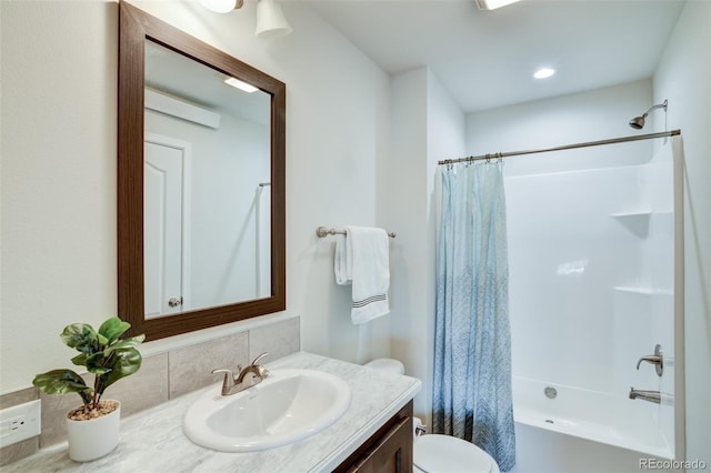304 Barnwood Dr, Buena Vista, CO 81211 - bathroom featuring vanity, shower / tub combo with curtain, and decorative backsplash