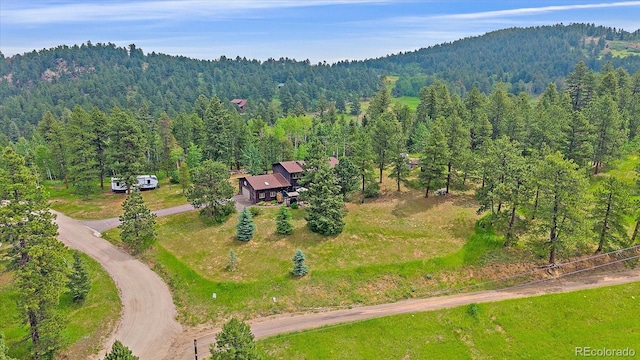 9745 Hilldale Dr, Morrison, CO 80465 - aerial view of property and surrounding area with a forest and a mountainous background
