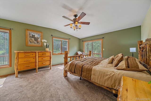 9745 Hilldale Dr, Morrison, CO 80465 - bedroom with vaulted ceiling, carpet floors, and ceiling fan