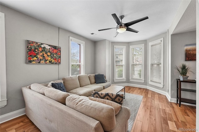 1717 E 22nd Ave, Denver, CO 80205 - living room with a ceiling fan, baseboards, visible vents, and a wealth of natural light