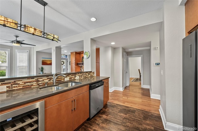 1717 E 22nd Ave, Denver, CO 80205 - kitchen with dark wood-style flooring, appliances with stainless steel finishes, a sink, beverage cooler, and backsplash