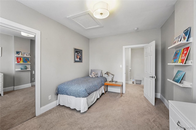 1717 E 22nd Ave, Denver, CO 80205 - bedroom with baseboards, attic access, and light colored carpet