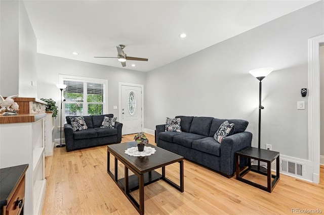 4059 Quivas St, Denver, CO 80211 - living room featuring light wood-style flooring, ceiling fan, and recessed lighting