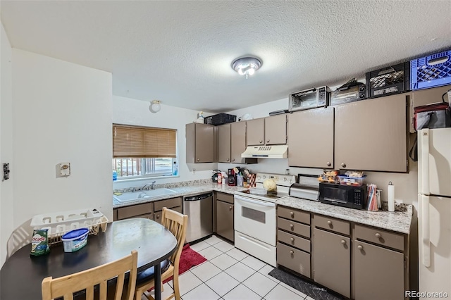 2241 Dexter Dr Unit 3, Longmont, CO 80501 - kitchen featuring white appliances, under cabinet range hood, gray cabinets, light countertops, and a textured ceiling