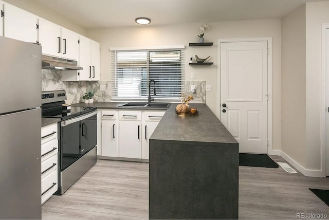 kitchen featuring decorative backsplash, sink, white cabinetry, light wood-type flooring, and appliances with stainless steel finishes